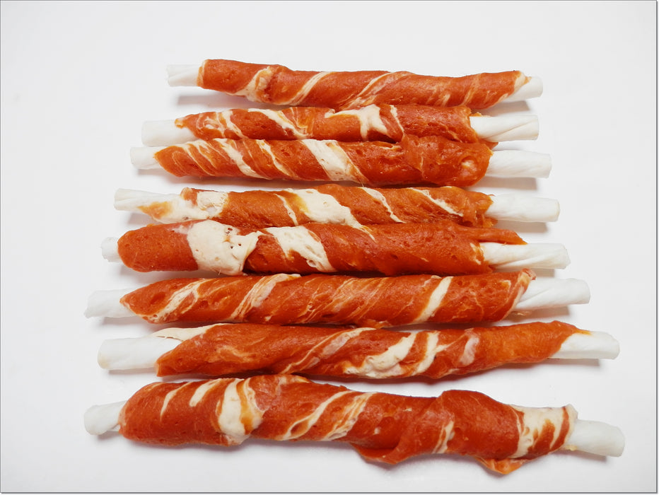 A007 Salmon & Cod Pure Marbled Meat Wrapped Rawhide Twists Sticks Premium Chewy Dog Treats
