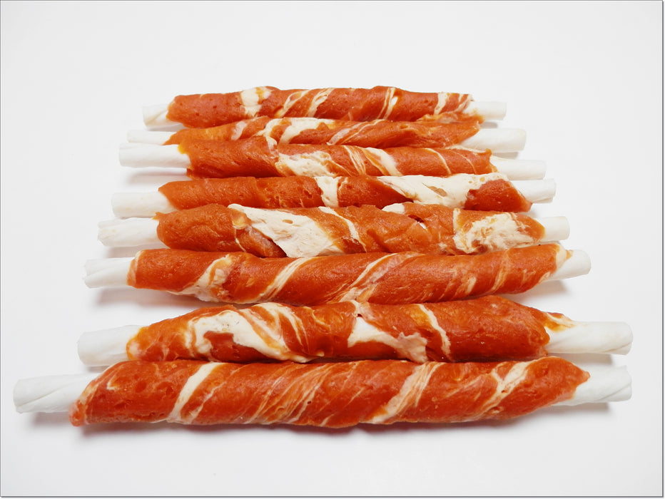 A007 Salmon & Cod Pure Marbled Meat Wrapped Rawhide Twists Sticks Premium Chewy Dog Treats