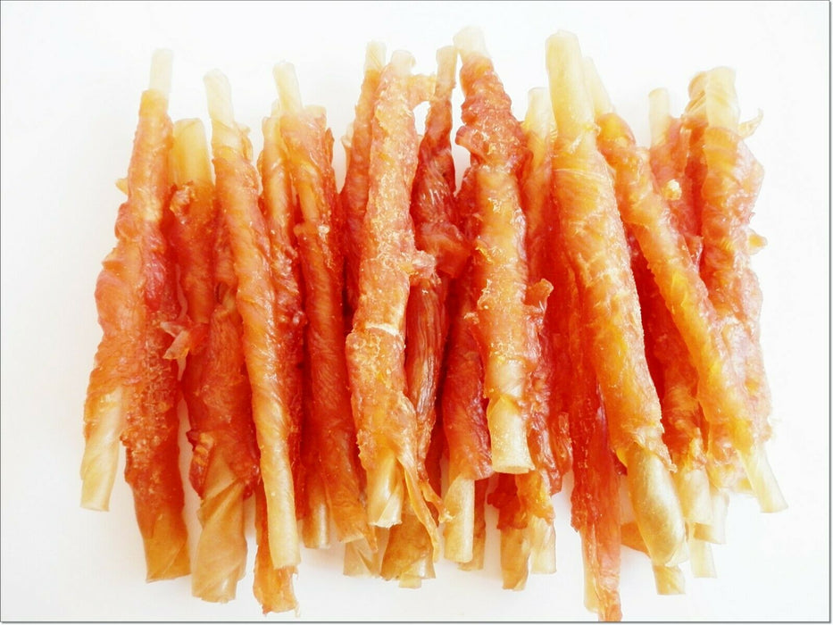 A126 Chewy Chicken Breast Wrapped Rawhide Twists Sticks Premium Chewy Dog Treats