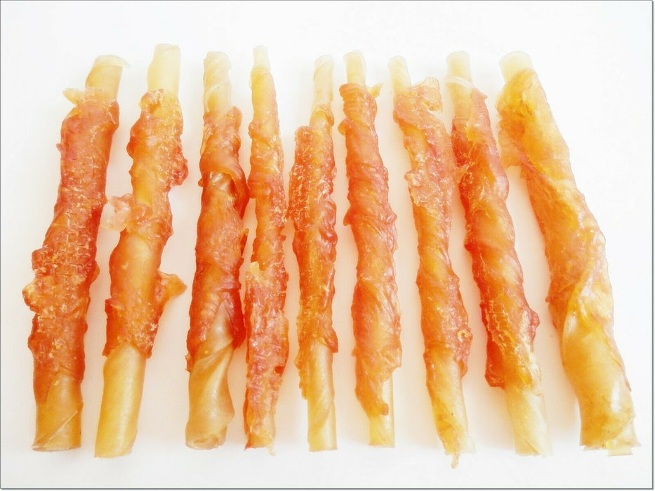 A126 Chewy Chicken Breast Wrapped Rawhide Twists Sticks Premium Chewy Dog Treats