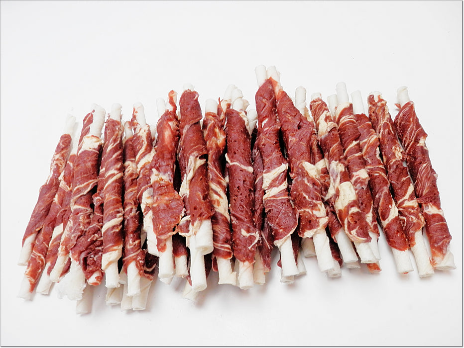A002 Beef & Cod Pure Marbled Meat Wrapped RawhideTwists Sticks Chewy Treats