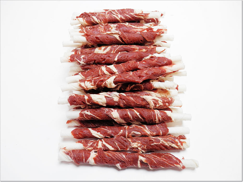 A002 Beef & Cod Pure Marbled Meat Wrapped RawhideTwists Sticks Chewy Treats