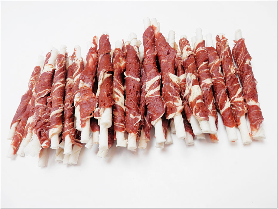 A002 Beef & Cod Pure Marbled Meat Wrapped Rawhide Twists Sticks Premium Chewy Dog Treats