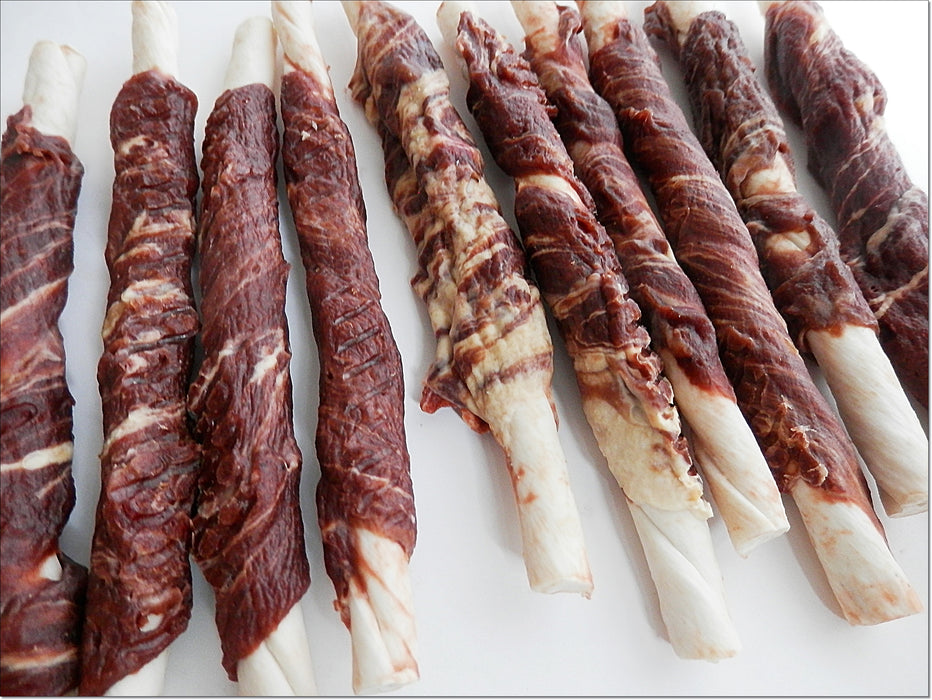 A009 Rabbit & Cod Pure Marbled Meat Wrapped Rawhide Twists Sticks Premium Chewy Dog Treats