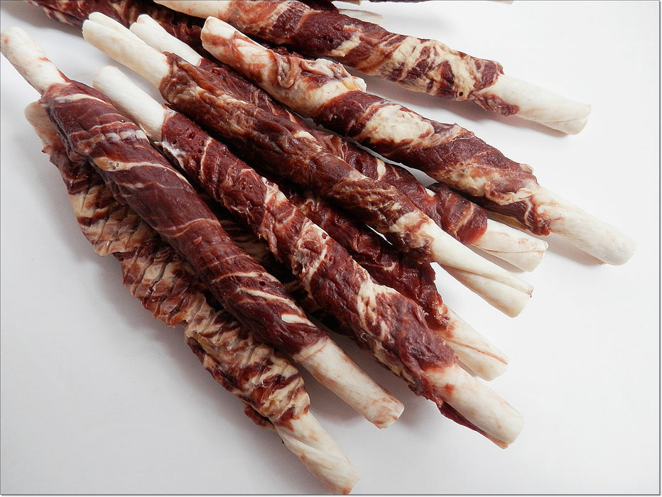 A009 Rabbit & Cod Pure Marbled Meat Wrapped Rawhide Twists Sticks Premium Chewy Dog Treats