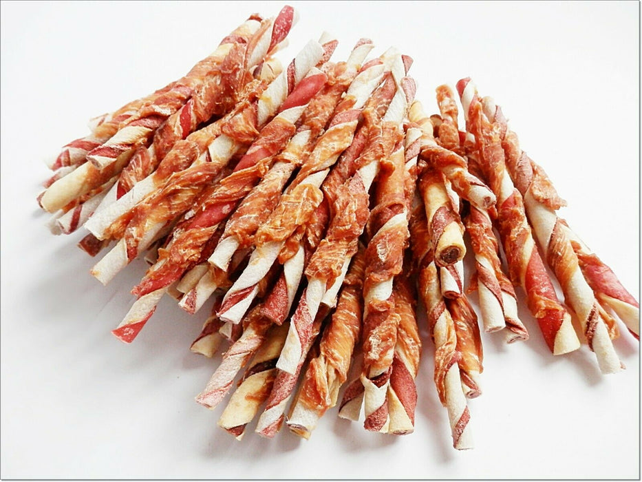 A211 Chicken Breast Wrapped Duo Colour Cowhide Twists Sticks Low Fat Chewy Treats