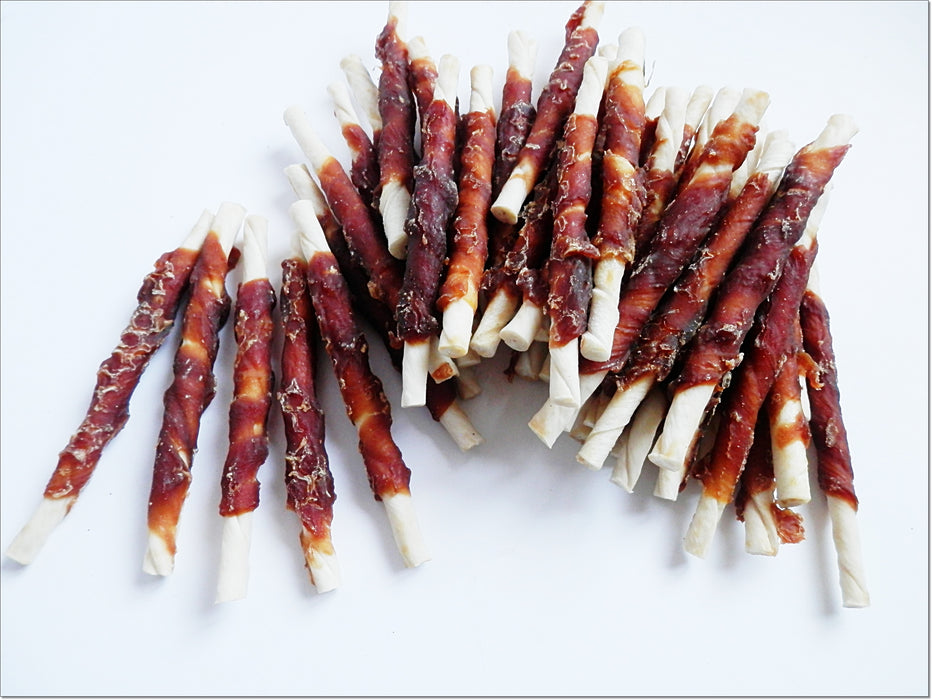 A003 Duck Breast Wrapped Rawhide Twists Sticks Low Fat Chewy Treats