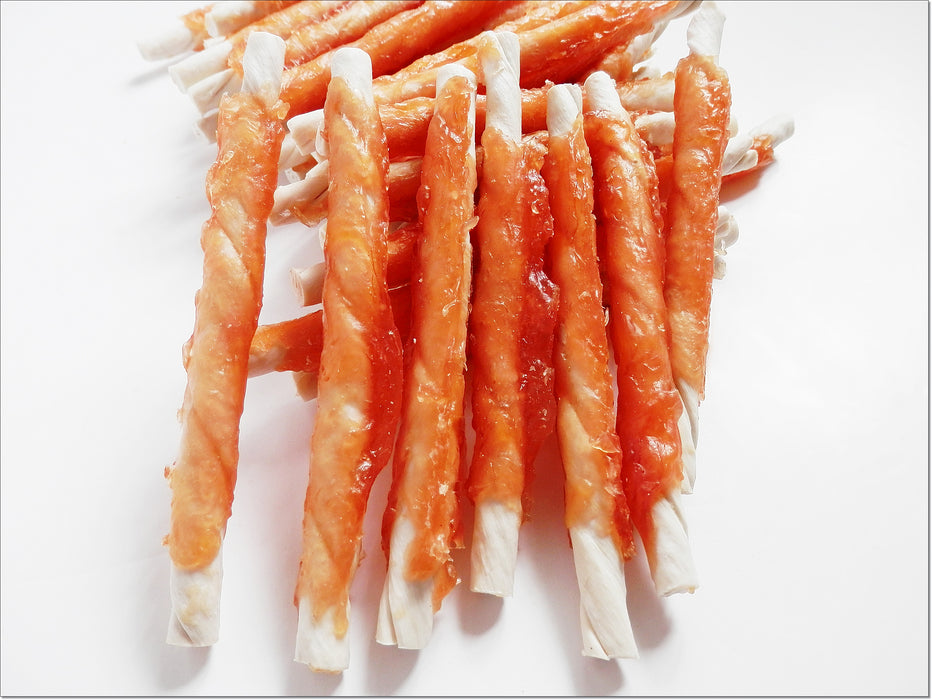 A011 Chicken Breast Wrapped Rawhide Twists Sticks Low Fat Chewy Treats
