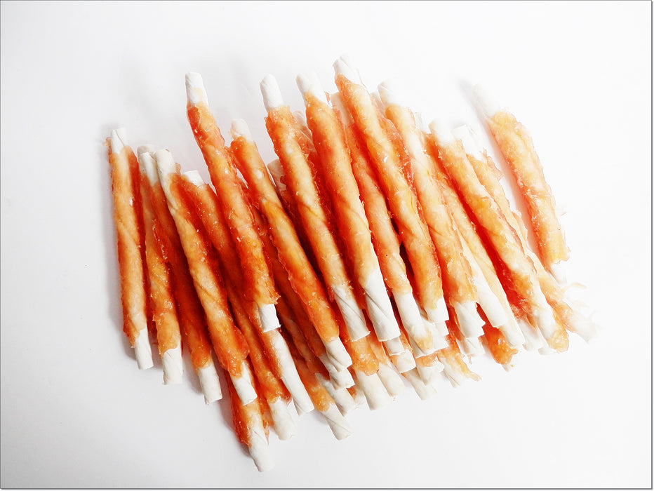 A011 Chicken Breast Wrapped Rawhide Twists Sticks Low Fat Chewy Treats
