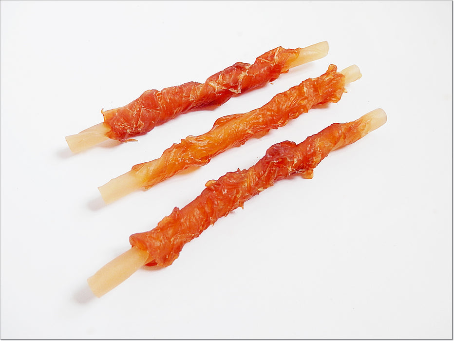 A013 Chicken Breast Wrapped Fish Cod Rawhide Twists Sticks Chewy Treats