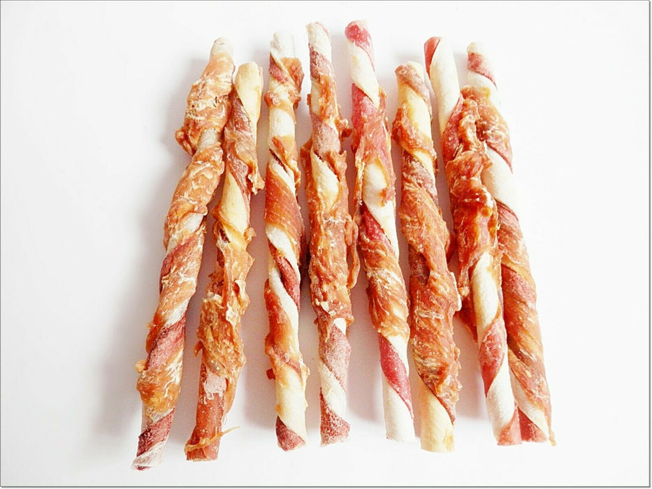 A211 Chicken Breast Wrapped Duo Colour Cowhide Twists Sticks Low Fat Premium Chewy Dog Treats