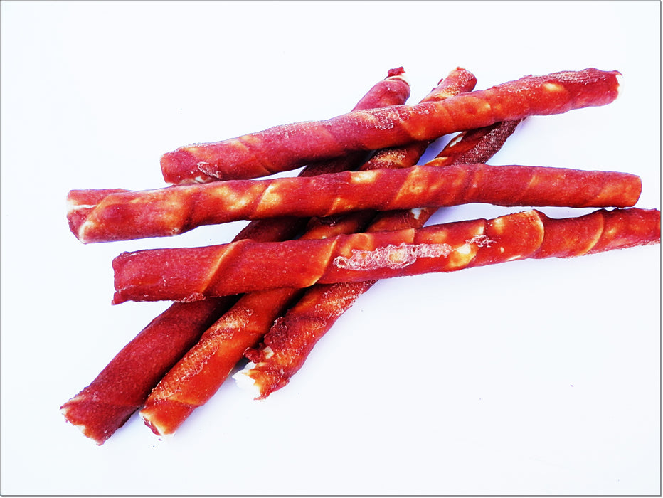A237 Duck Breast Wrapped Rawhide Twists Sticks Long Premium Chewy Dog Treats