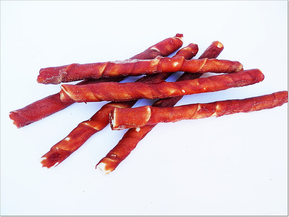 A237 Duck Breast Wrapped Rawhide Twists Sticks Long Premium Chewy Dog Treats