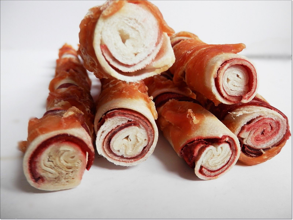 A217 Chicken Breast & Pork Loin Wrapped Rawhide Twists Sticks Long Chewy Treats