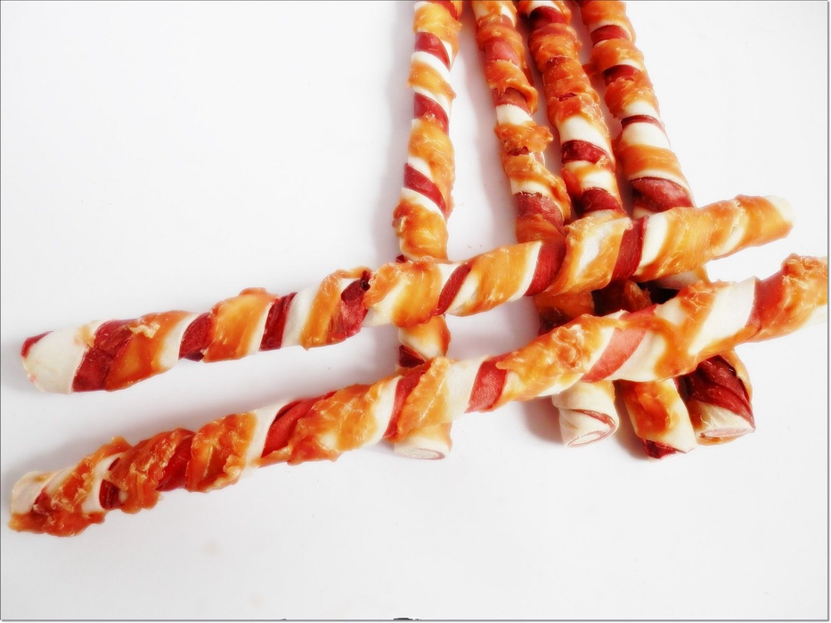 A217 Chicken Breast Wrapped Rawhide Twists Sticks Long Premium Chewy Dog Treats